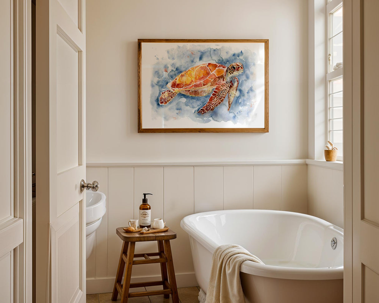 Peaceful sea turtle in soft blue and green watercolor tones.