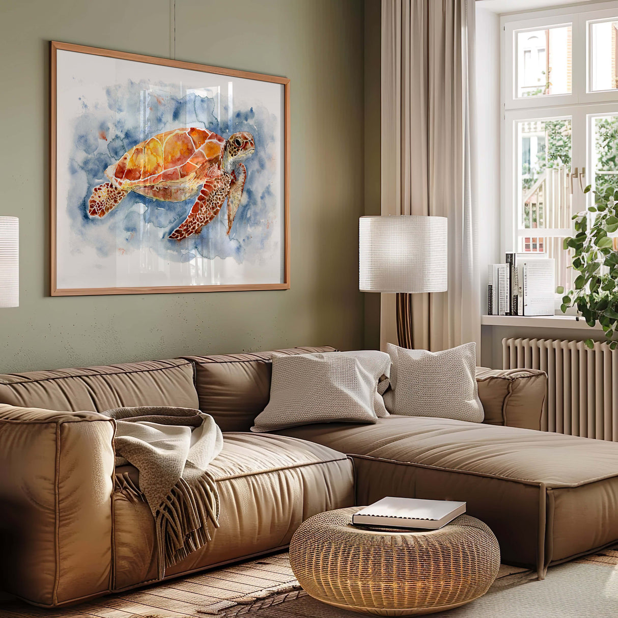 Hand-painted watercolor of a swimming sea turtle.