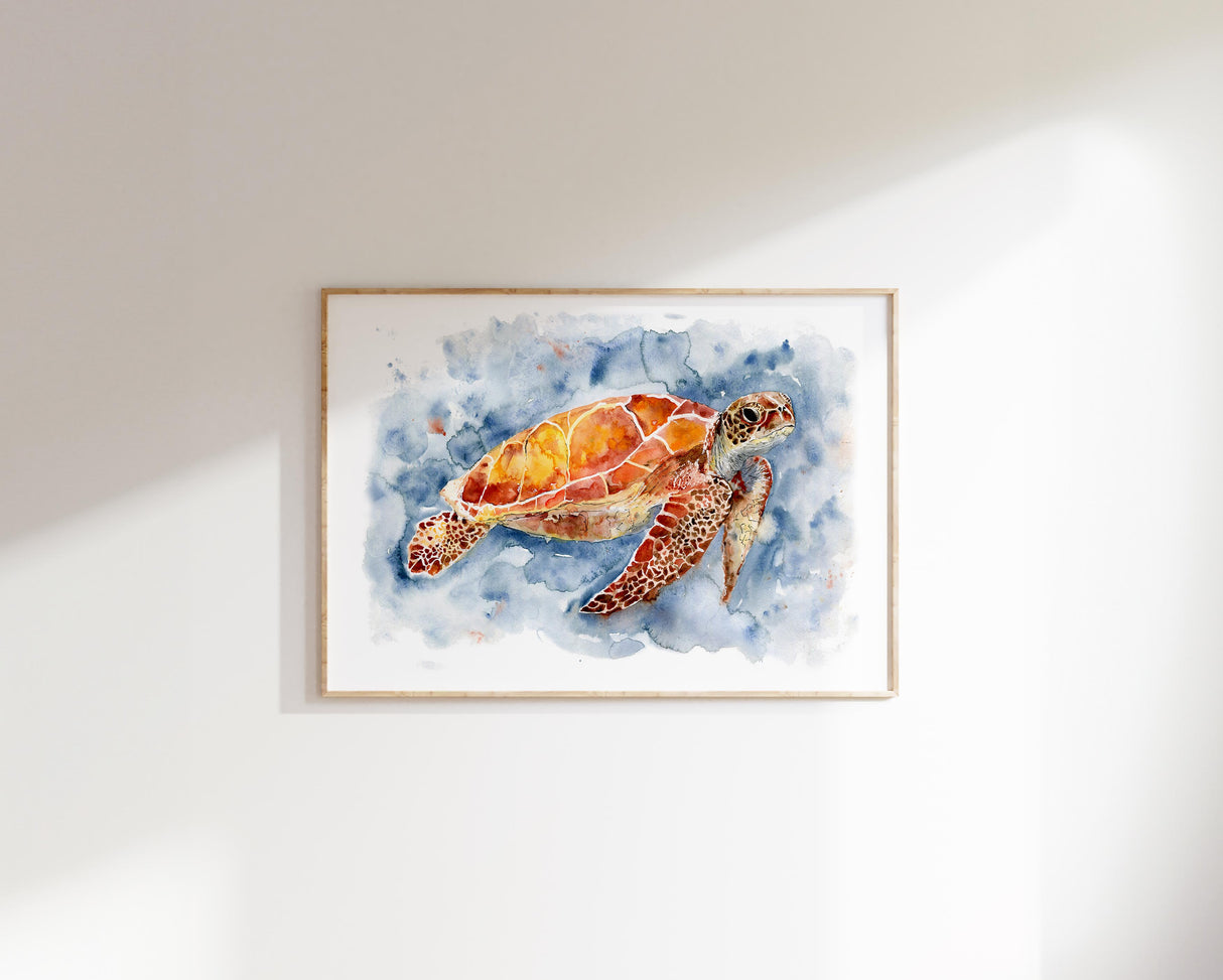 Turtle underwater with gentle brushstrokes in aquatic hues.
