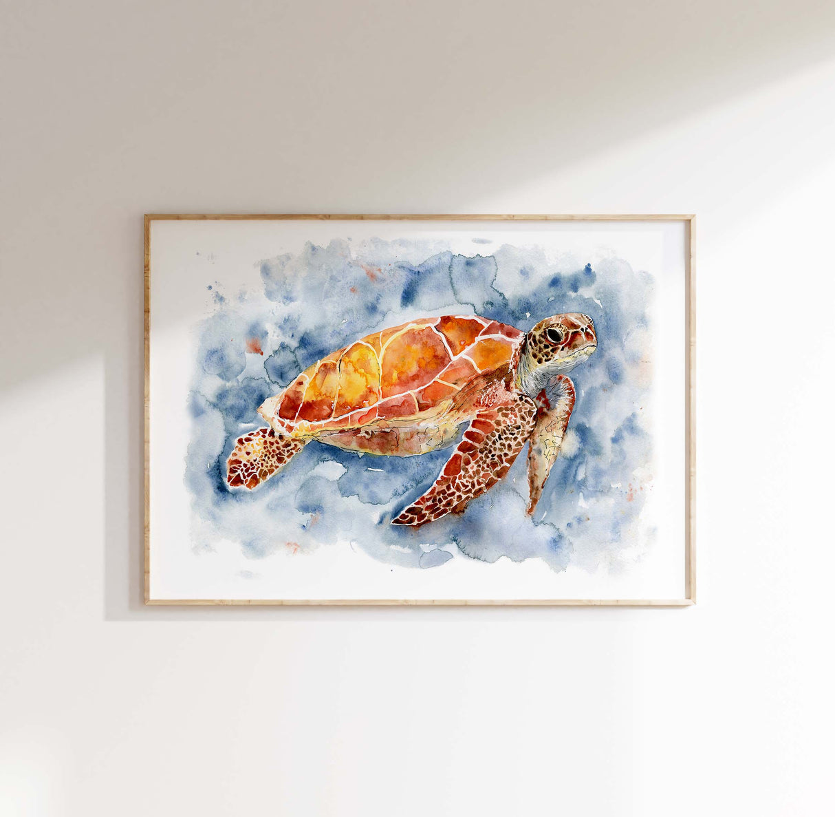 Watercolor sea life art featuring a lone swimming sea turtle.
