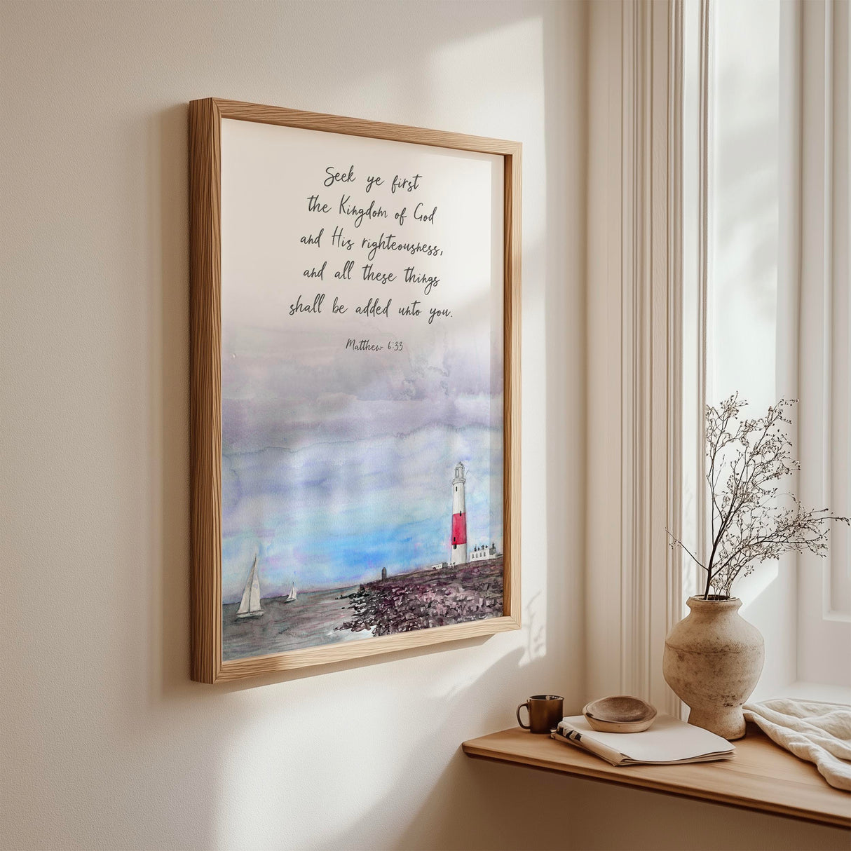 Christian wall art with lighthouse watercolour and Matthew 6:33 Bible quote