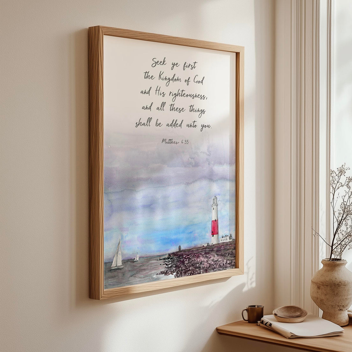 Christian wall art with lighthouse watercolour and Matthew 6:33 Bible quote
