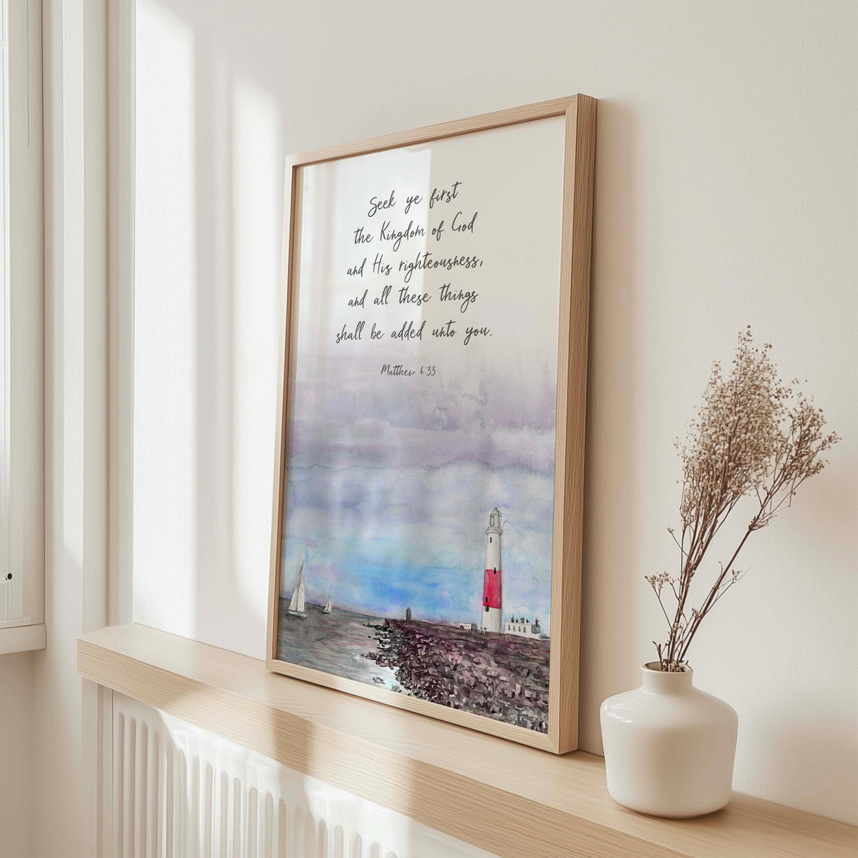 Seek Ye First print featuring lighthouse and harbour with inspirational scripture