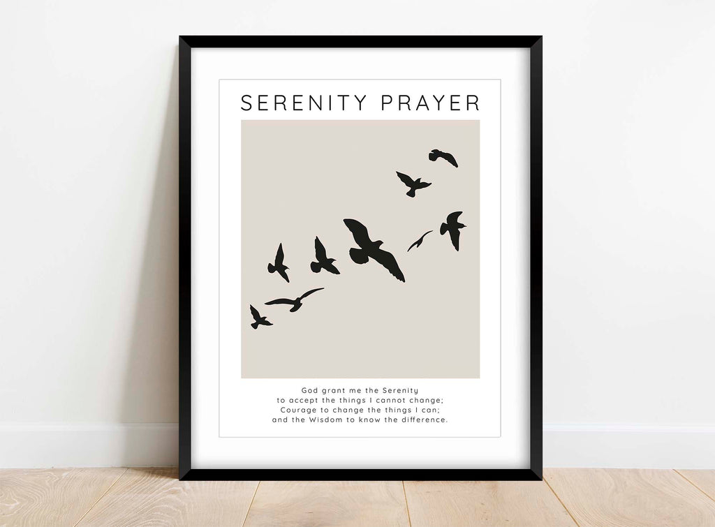 Beige Serene Prayer Wall Hanging, Serenity Prayer Typography Art, Neutral Theme Serenity Prayer Artwork, Birds and Beige Serenity Quote