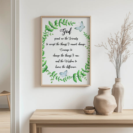Serenity Prayer print with green leaf wreath and blue butterfly symbolising peace and faith.