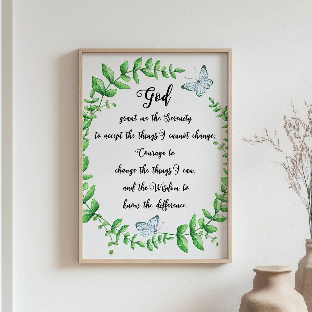 Serenity Prayer print with green leaf wreath and blue butterfly symbolising peace and faith.