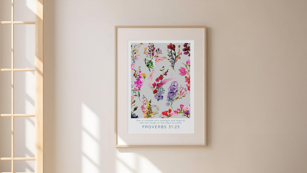 Encouraging Bible verse with floral motif, Floral quote art for women's strength, Inspirational laughter Bible verse print