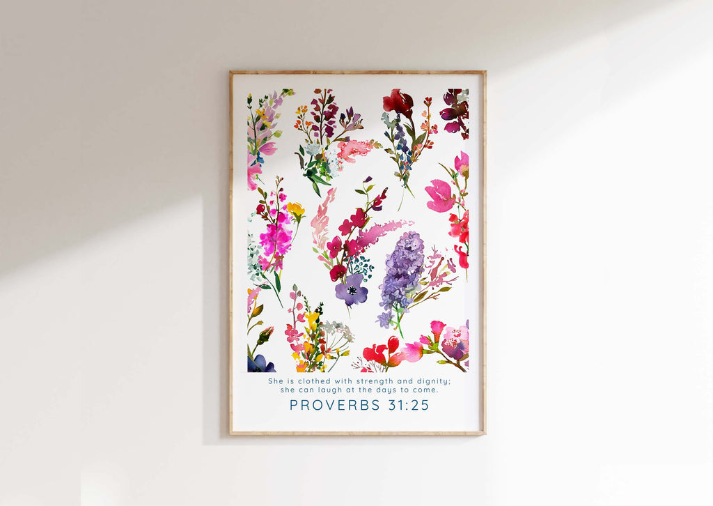 Proverbs 31:25 Floral Bible Verse Print, Modern Christian Home Decor, contemporary Inspirational floral Bible verse print