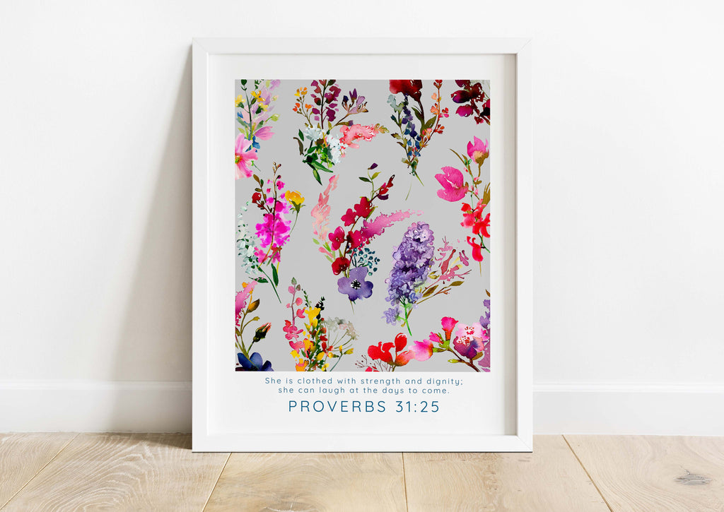 Proverbs 31 25 strength and dignity art, Floral wall decor with Bible quote, Christian home decor with floral design