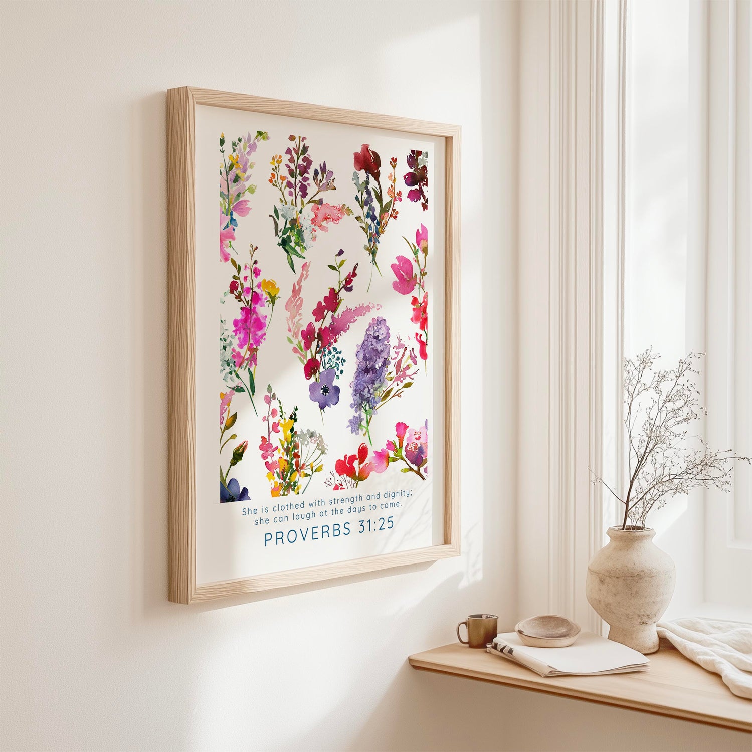 Inspirational women's Bible verse print with soft floral artwork and empowering scripture from Proverbs 31.
