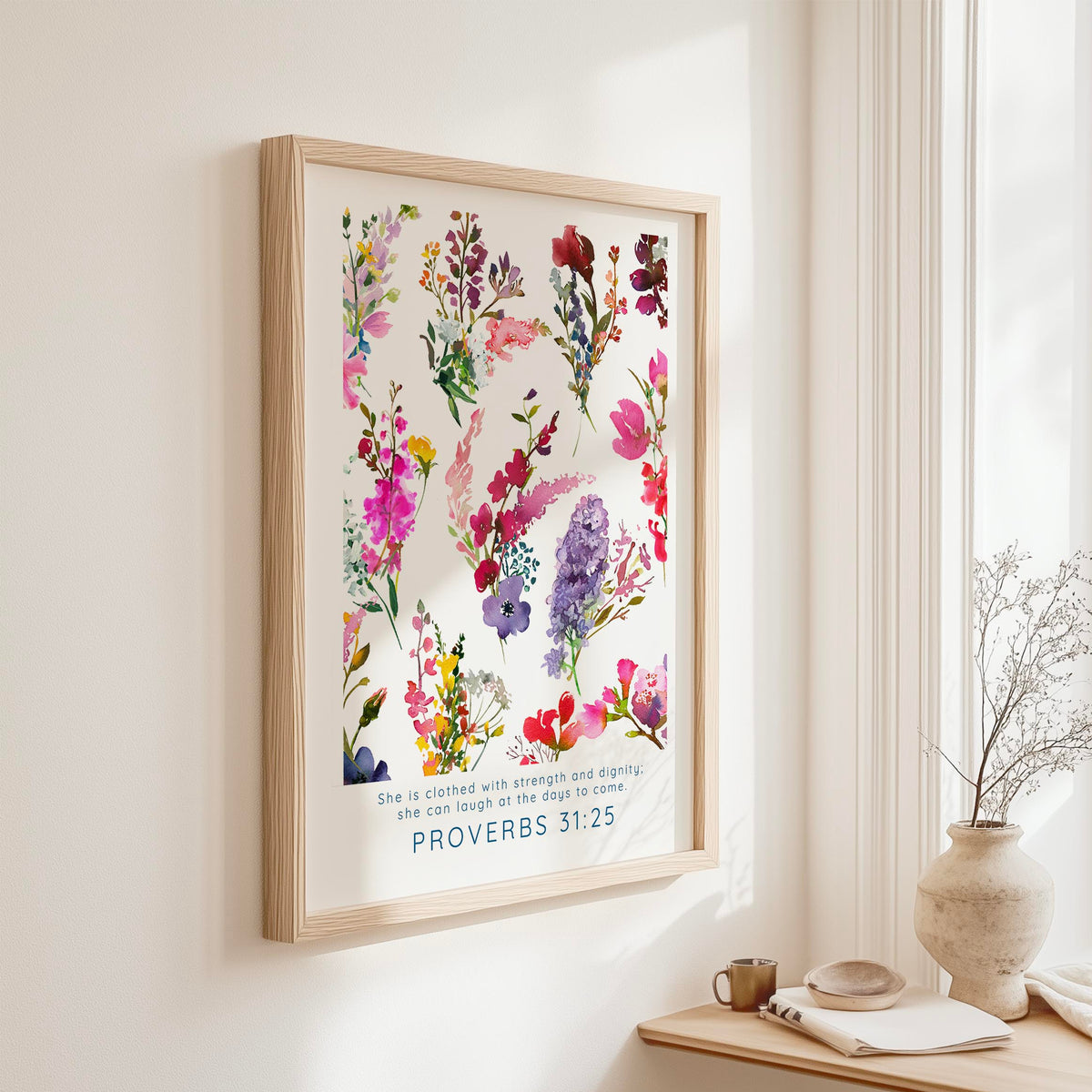 Inspirational women's Bible verse print with soft floral artwork and empowering scripture from Proverbs 31.