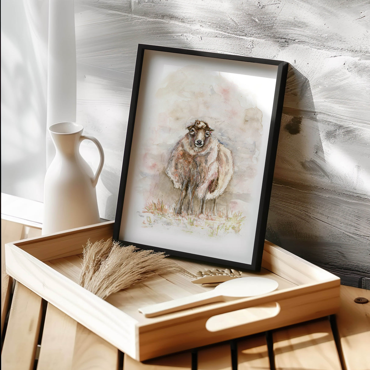 Gentle sheep painting in soft watercolours, evoking warmth and simplicity of countryside living.