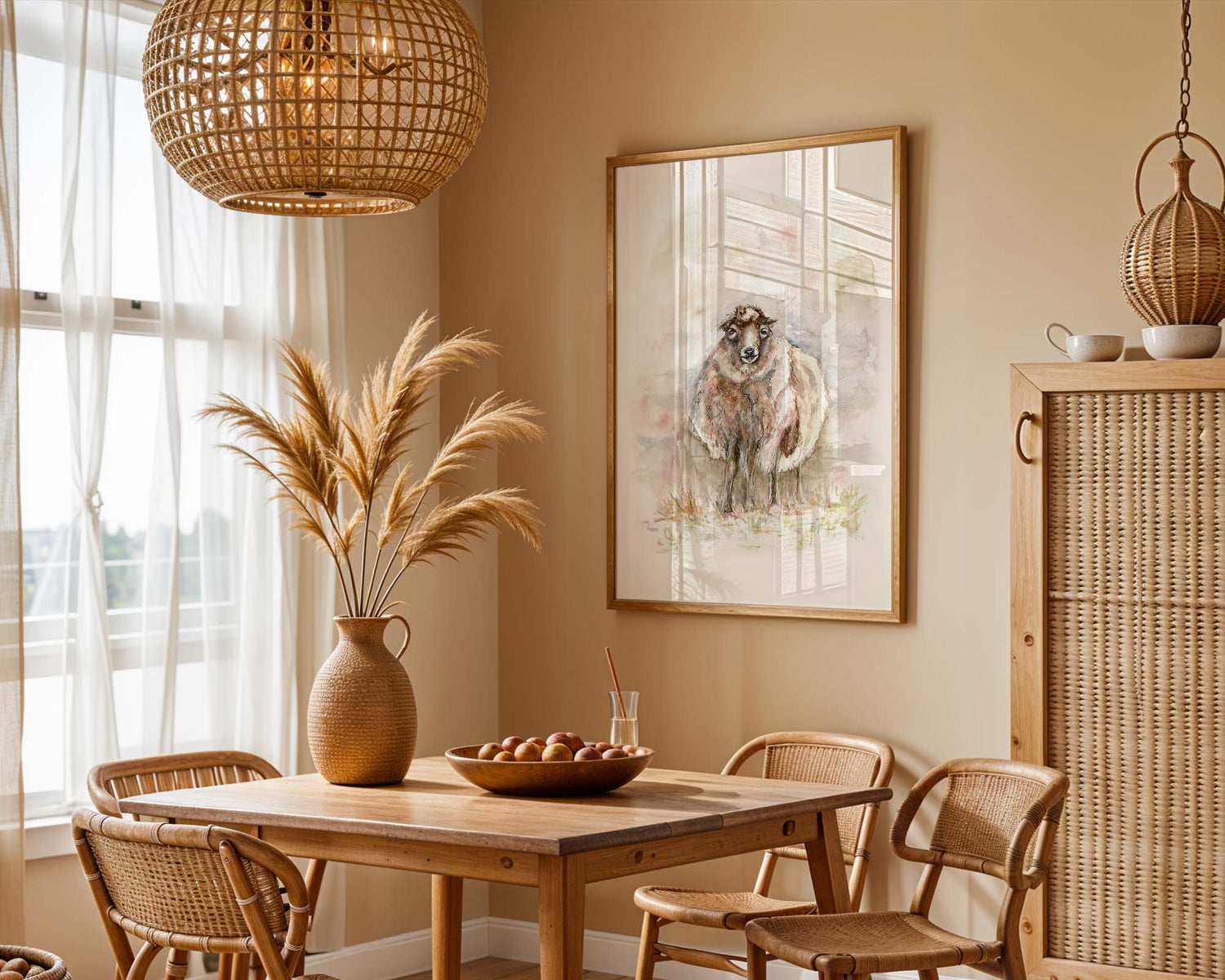 Rustic farmhouse sheep art print capturing pastoral beauty in a delicate and charming style.