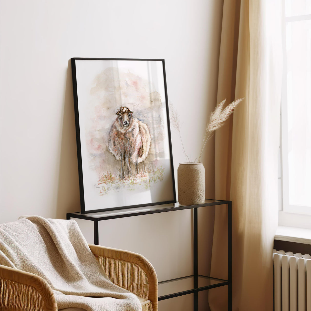 Watercolour sheep print with rustic charm, perfect for cosy farmhouse or country kitchen decor.