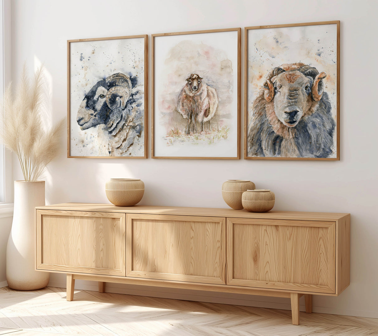 Trio of sheep art prints capturing the charm of rural life with gentle tones and countryside appeal.