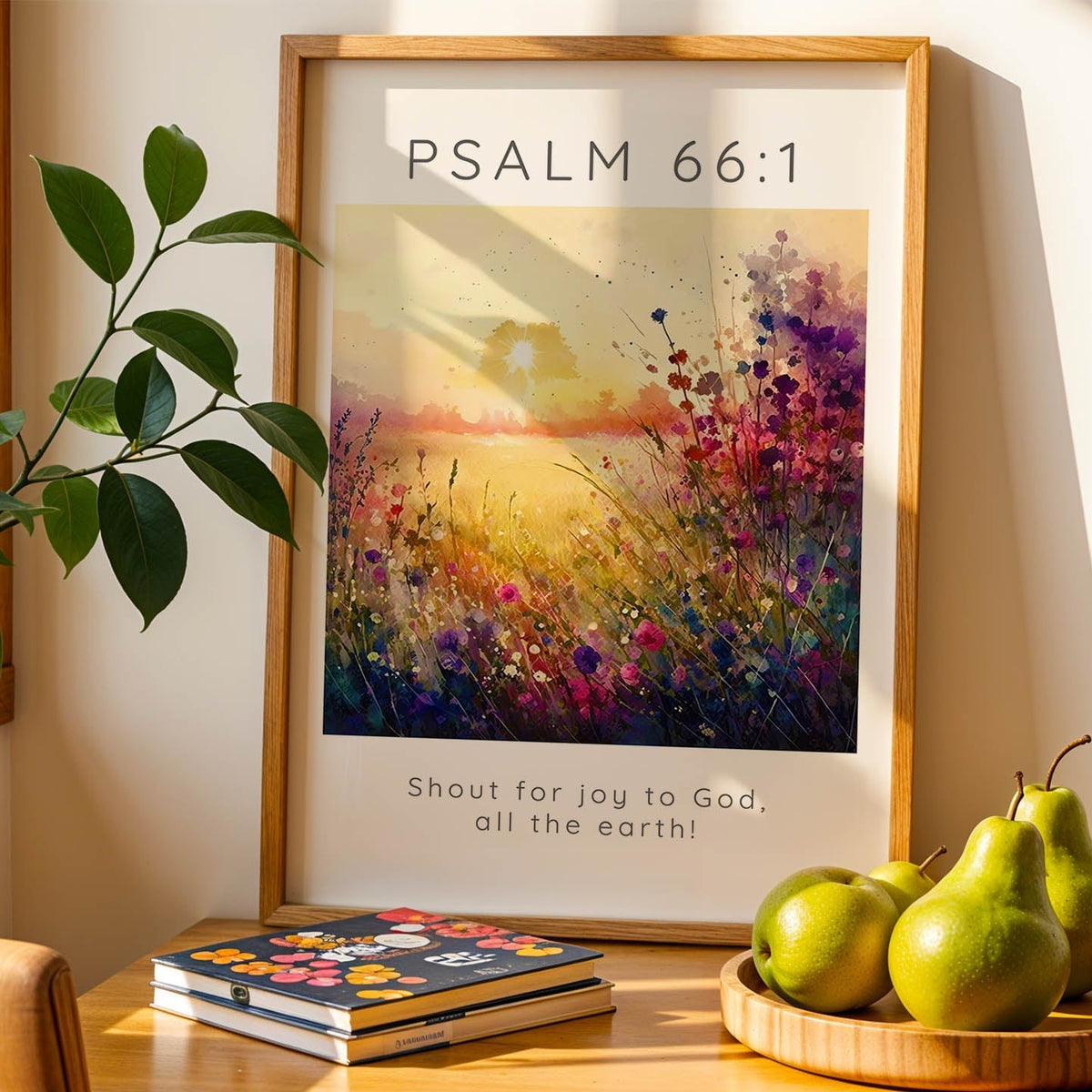 Bible verse print featuring Psalm 66:1, “Shout for joy to God, all the earth!” set in a vibrant flower meadow. Christian wall art with joyful Scripture and a peaceful meadow full of blooming flowers.