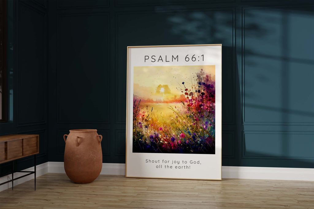 Nature-inspired wall art with 'Shout for joy to God, all the earth!', Radiant flower meadow canvas featuring Psalm 66:1