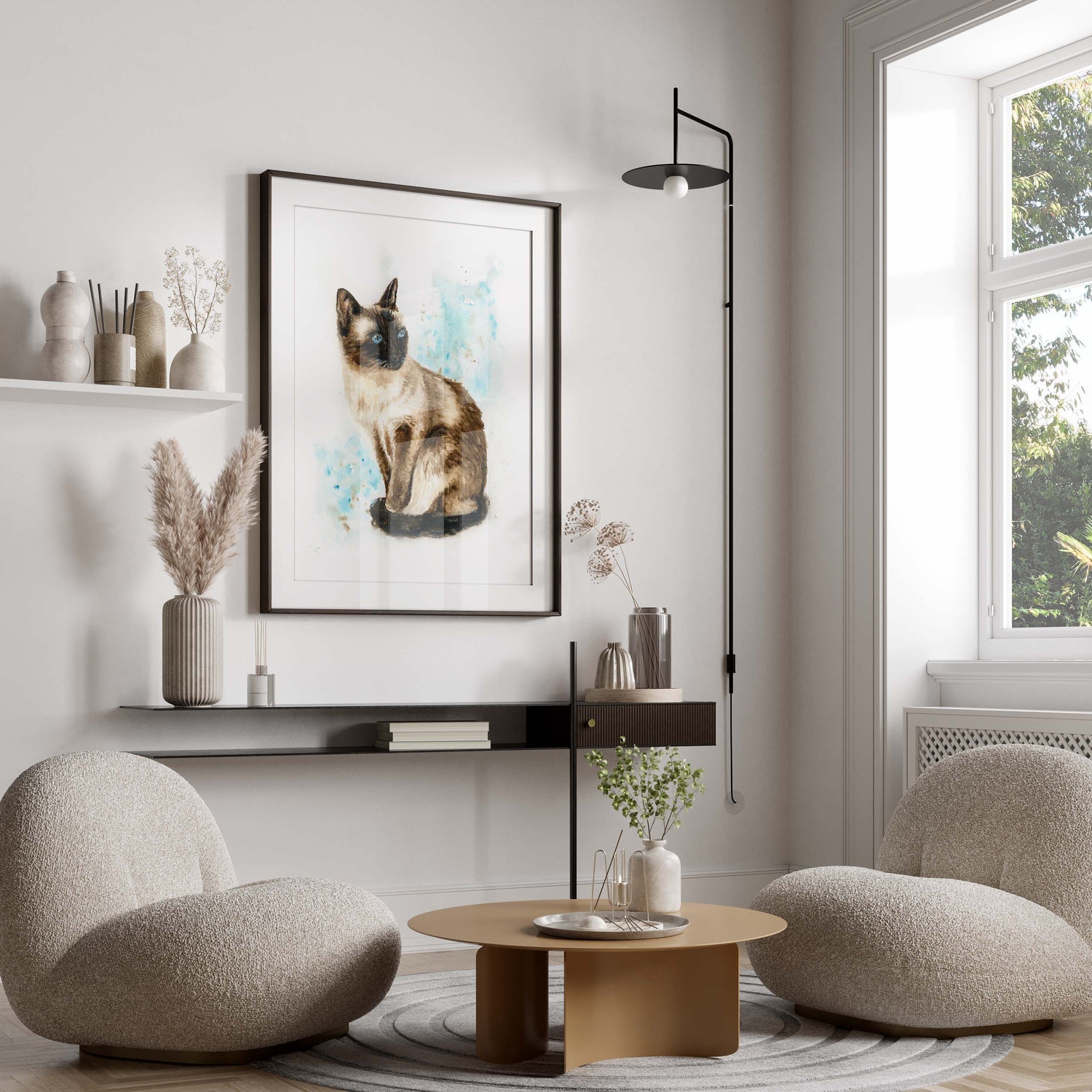 High-resolution Siamese cat painting on archival paper, Charming watercolour Siamese cat print for bedroom ambiance