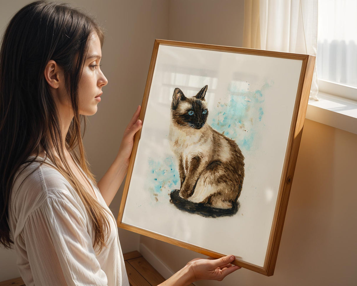 Watercolour painting of a Siamese cat with striking blue eyes, soft brown and cream fur tones, and a gentle expression, painted in a loose, expressive style.