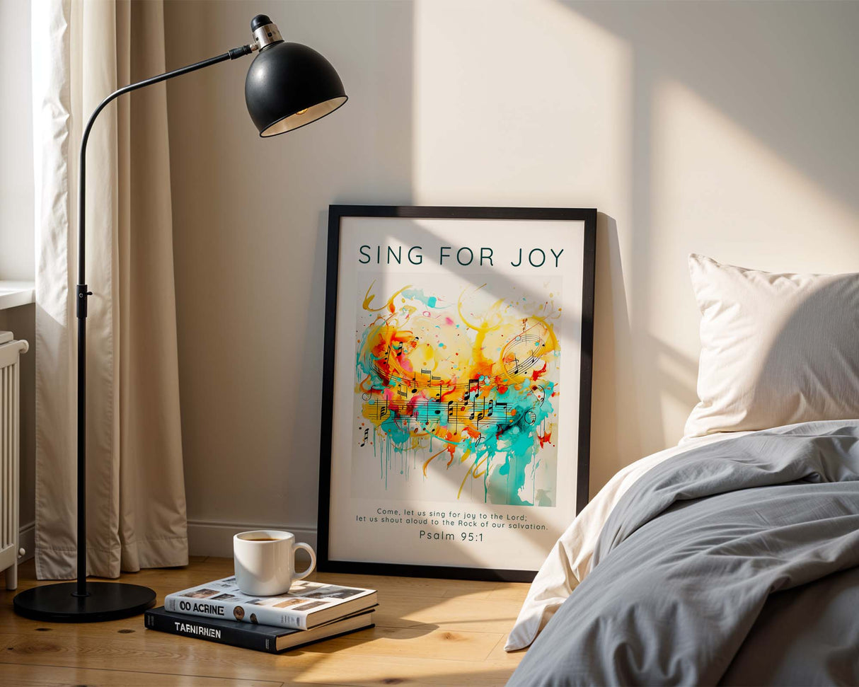 Christian wall art featuring Psalm 95:1 with vibrant abstract music elements and the verse “Come, let us sing for joy to the Lord.”