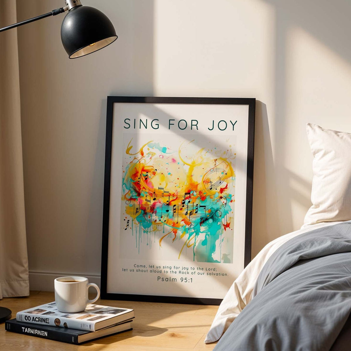 Christian wall art featuring Psalm 95:1 with vibrant abstract music elements and the verse “Come, let us sing for joy to the Lord.”
