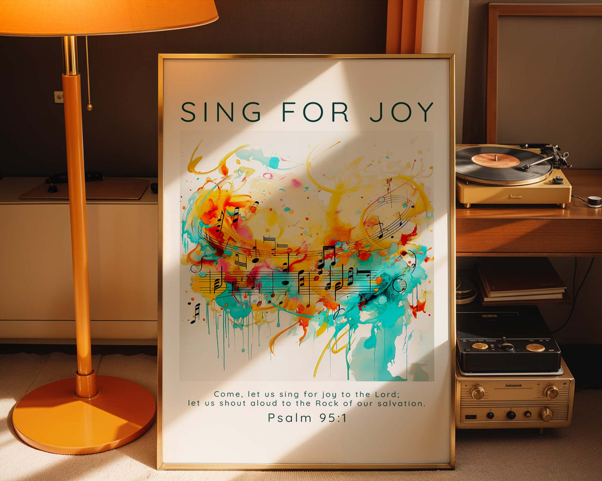 Inspirational music-themed Bible verse print with Psalm 95:1, blending colourful artistic design with a message of joyful worship.
