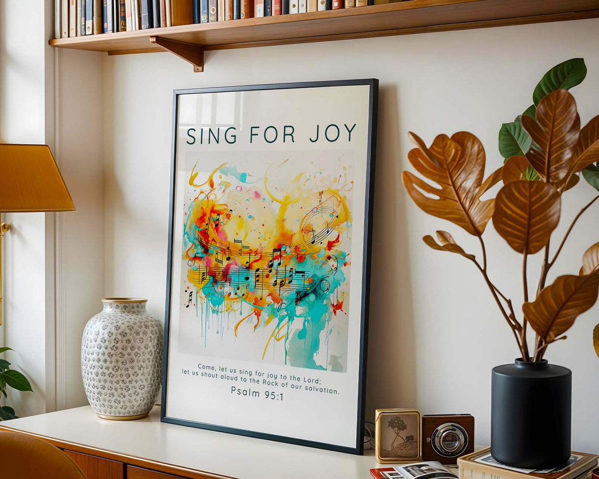 Faith-based artwork showcasing the verse “Let us sing for joy to the Lord” from Psalm 95:1, set against a bold, musical abstract motif.