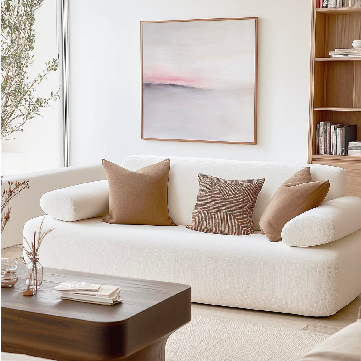 Tranquil square landscape print with delicate washes in pink and grey.