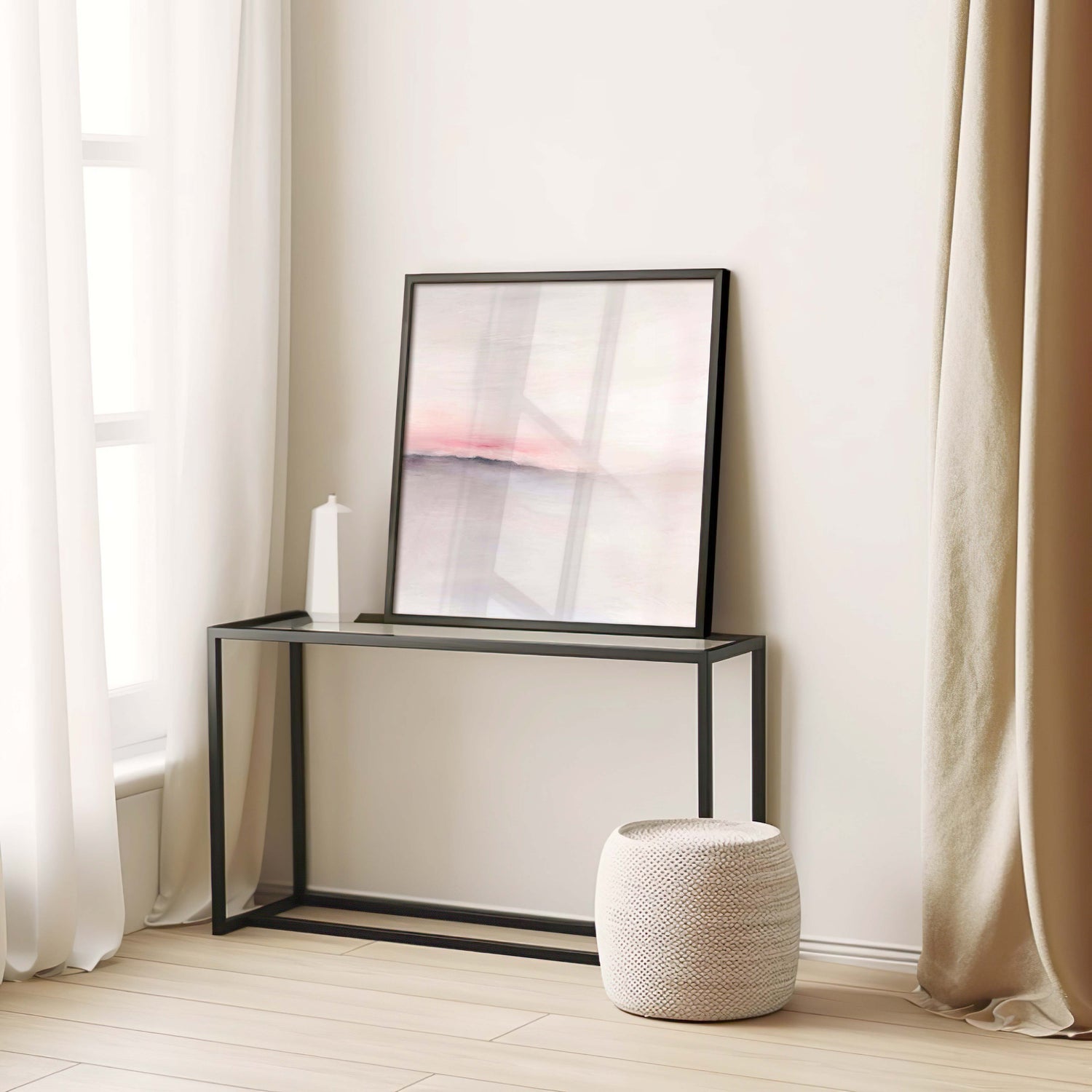 Abstract soft dawn scene in pale blush and grey, perfect for calming interiors.