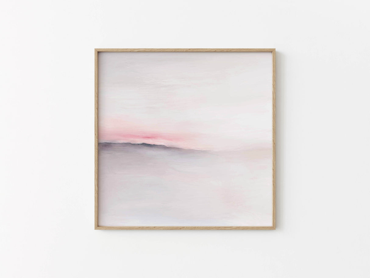 Modern pastel horizon print blending pink sky with muted grey land.