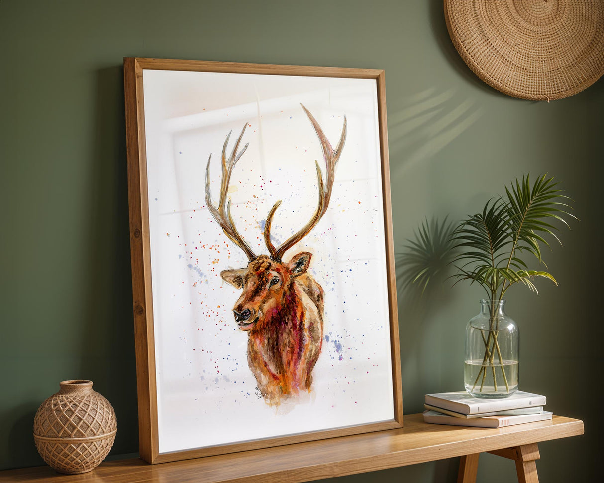 Contemporary deer head print with a watercolour finish, ideal for cosy and stylish home decor.