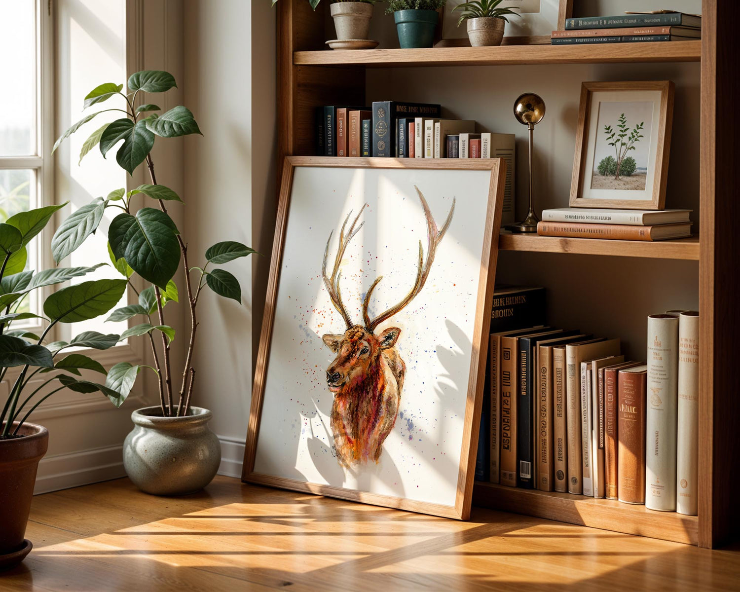 Watercolour stag head print blending rustic charm with modern style in soft, expressive brushstrokes. Majestic deer head artwork in contemporary watercolour, perfect for rustic or modern interiors.