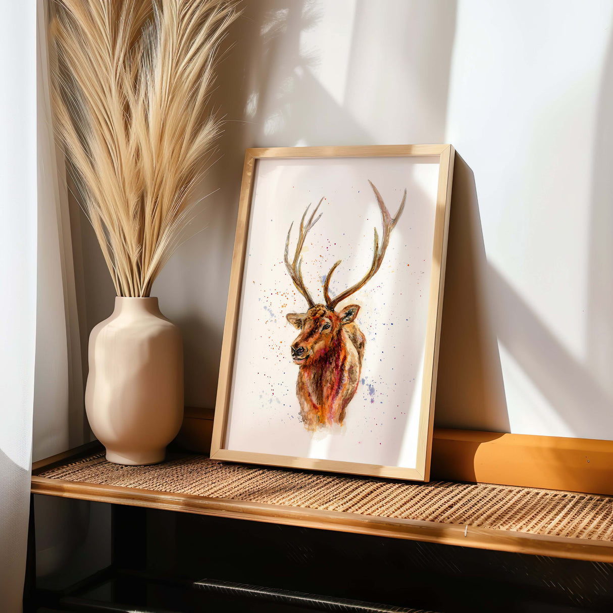 Elegant stag portrait painted in a loose watercolour style with soft, natural tones. Rustic wall art featuring a watercolour deer head with a mix of charm and sophistication.