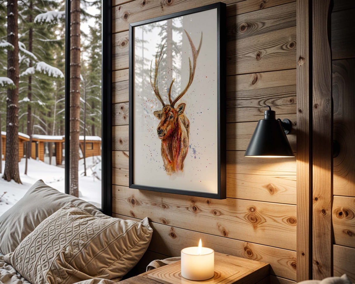 Modern wildlife art showing a stag head in flowing, expressive watercolour strokes.