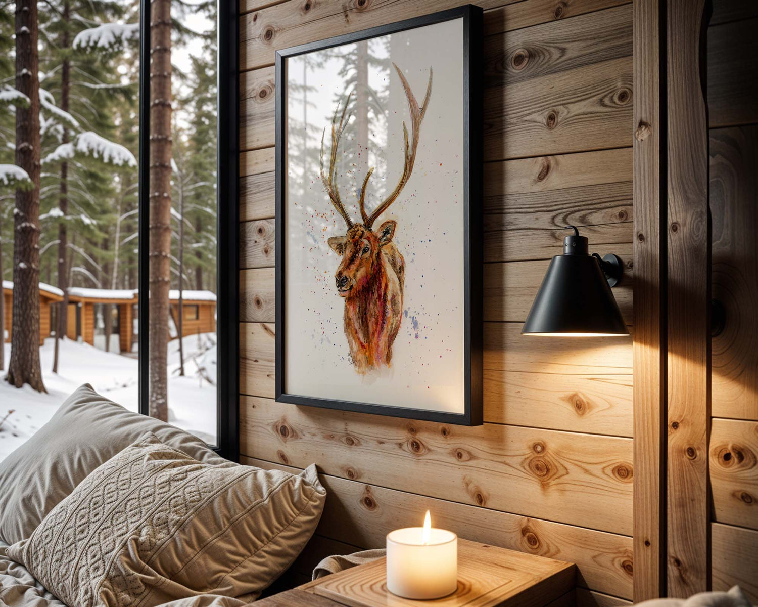 Modern wildlife art showing a stag head in flowing, expressive watercolour strokes.