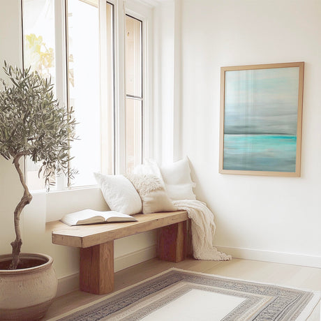 'Still Sea' neutral ocean art print, soft grey and turquoise tones capturing the calm beauty of still water.