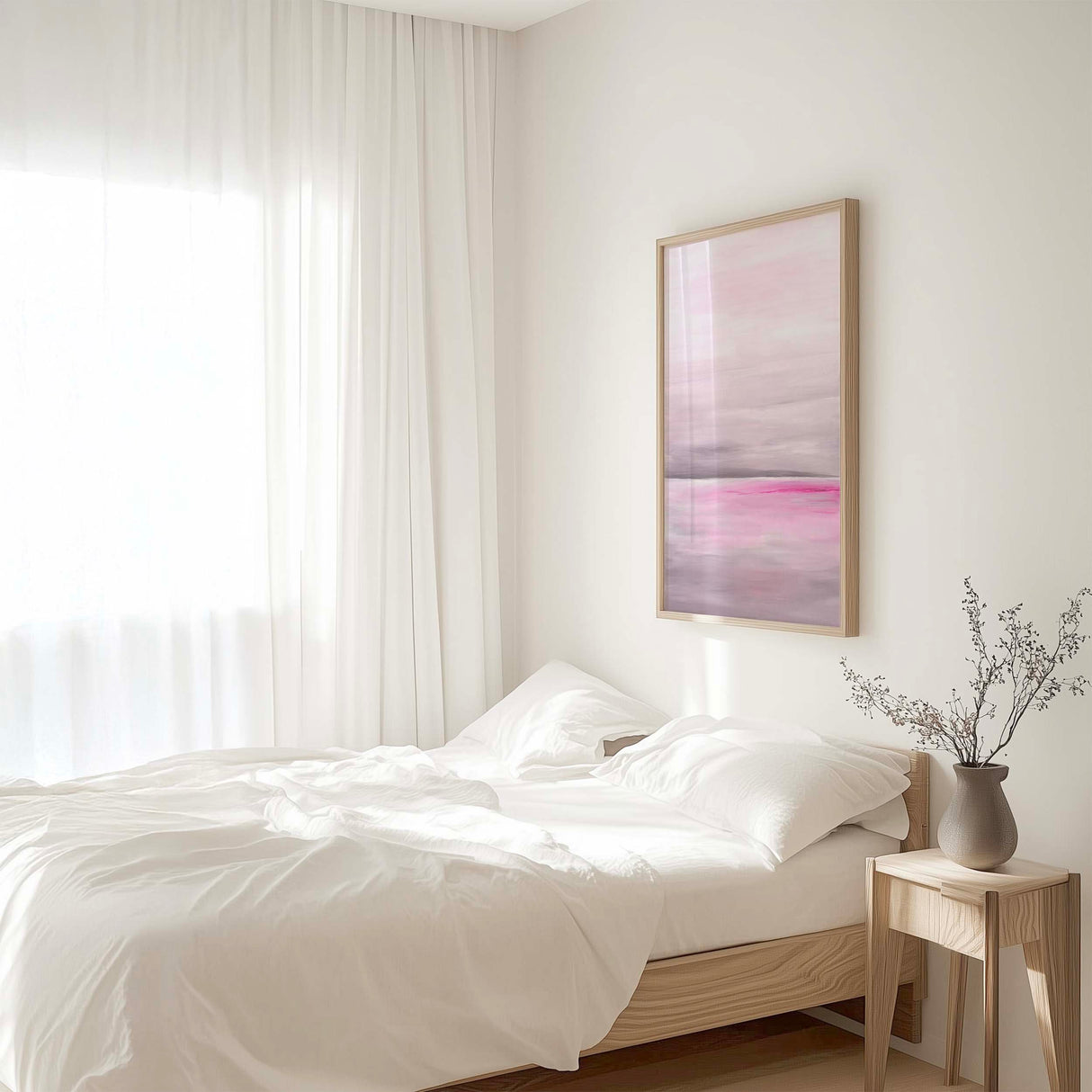 Watercolour coastal wall art showing gentle ocean waves in rose and misty grey tones.