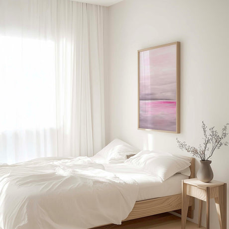 Watercolour coastal wall art showing gentle ocean waves in rose and misty grey tones.