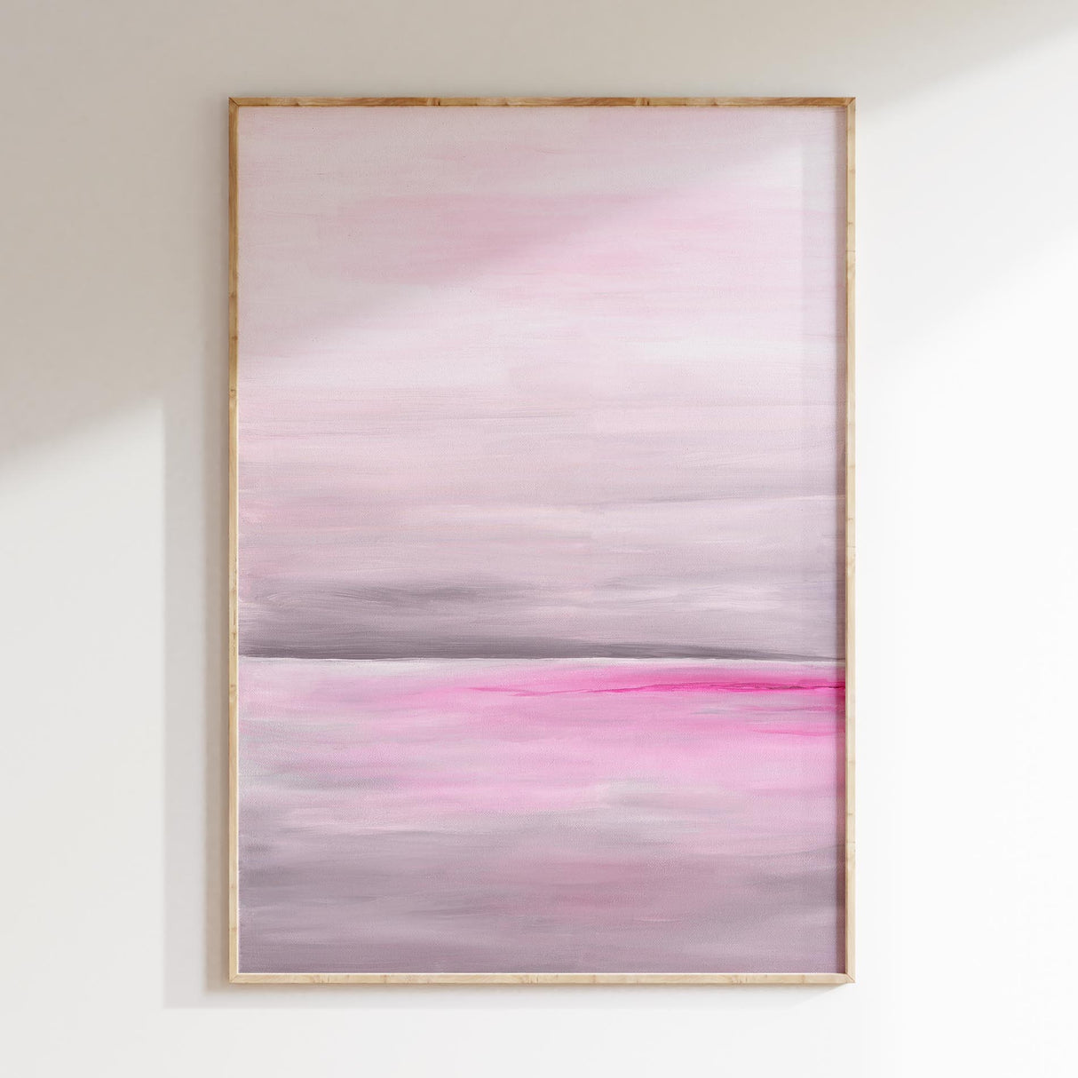 Abstract sea view print with pastel pink and grey palette for calming, serene decor.