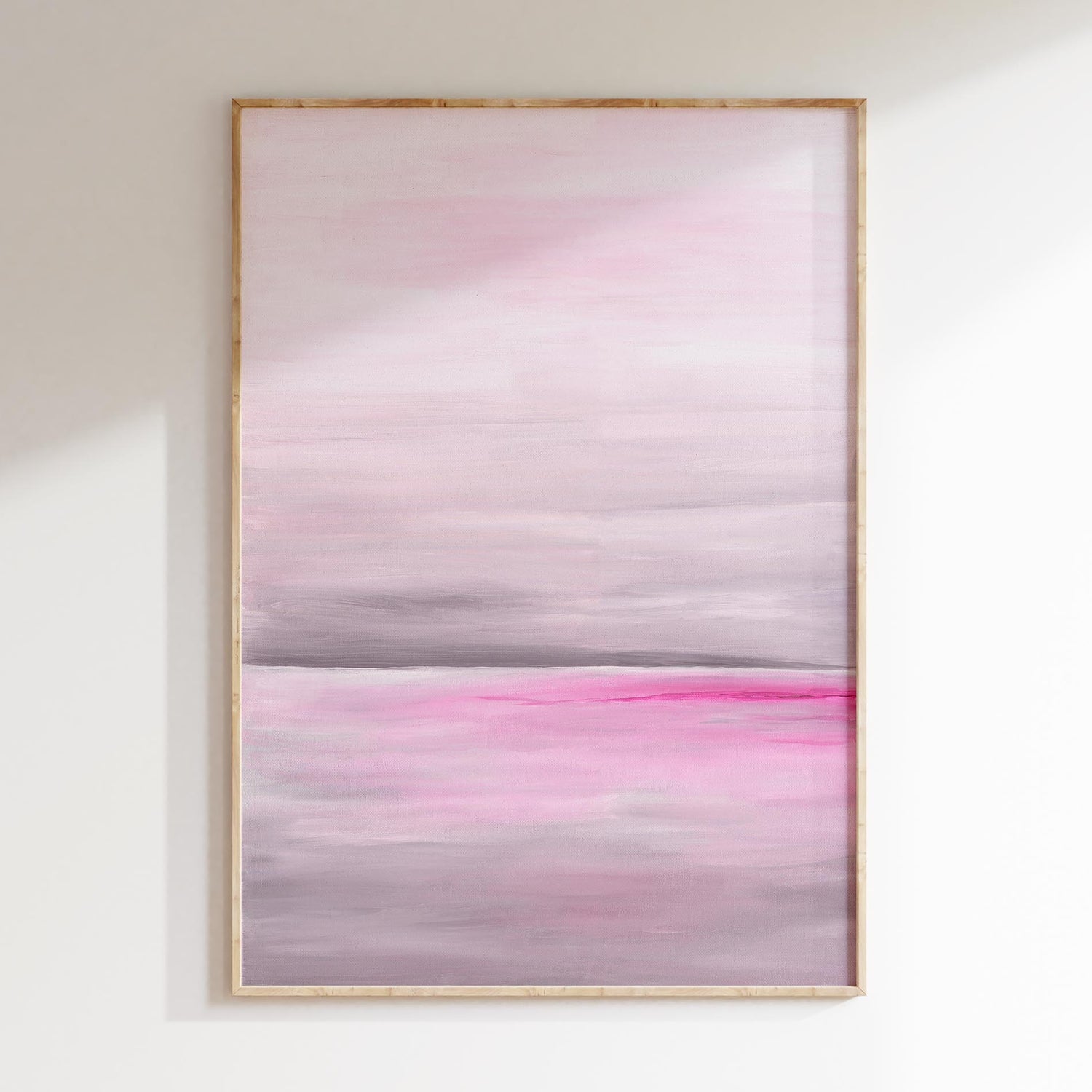Abstract sea view print with pastel pink and grey palette for calming, serene decor.