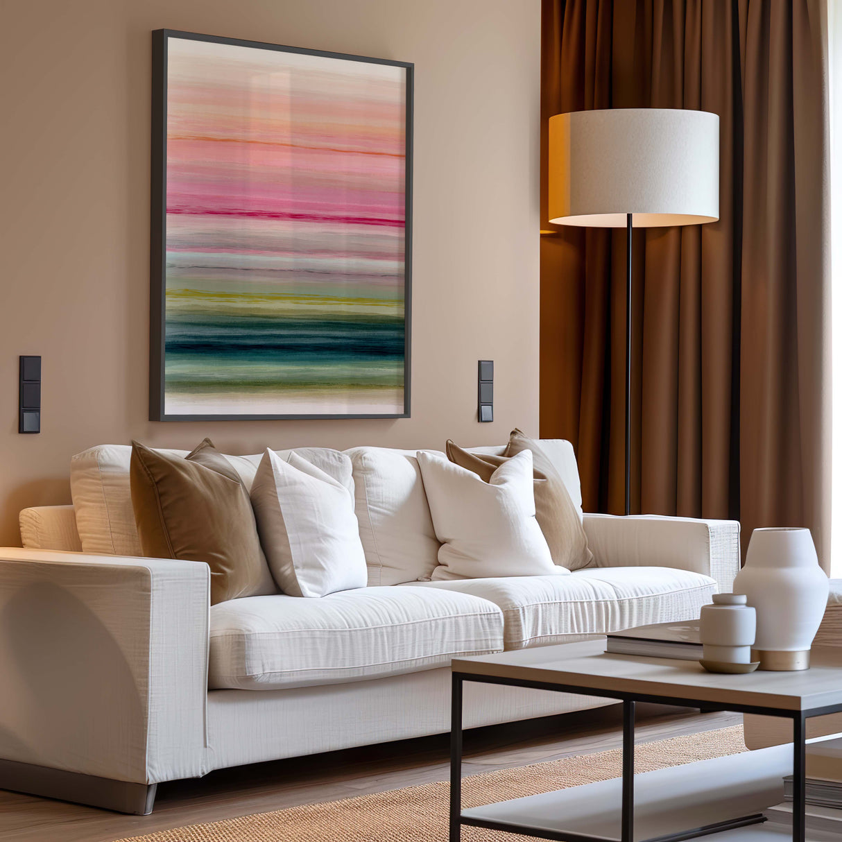 A horizontal stripe abstract painting print with warm and cool tones, evoking the essence of spring.