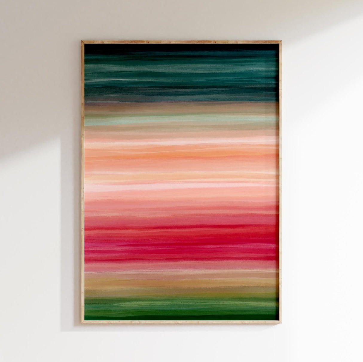 Horizontal striped abstract painting with summer’s energy in its bold, colourful palette.