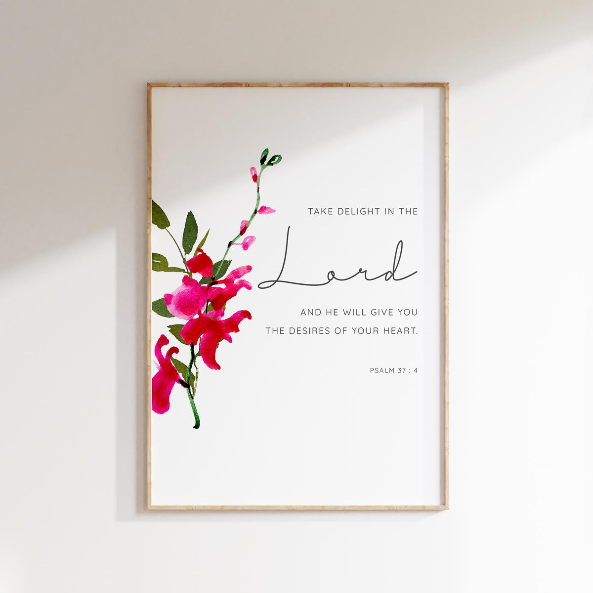Modern Bible verse wall art with pink orchid, inspirational Christian home decor.