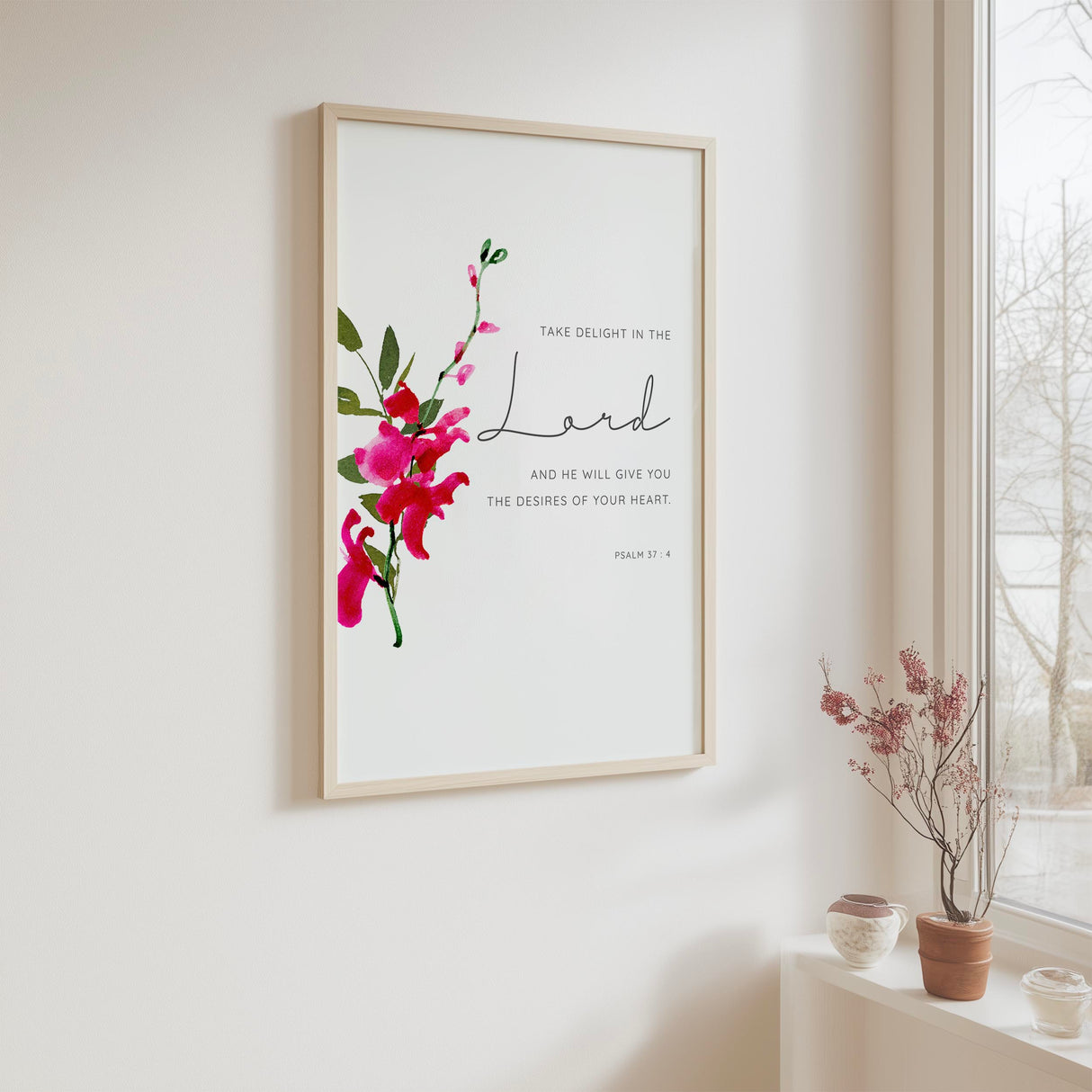 Take Delight In The Lord Bible verse print with pink orchid, Psalm 37 4 Christian wall art.