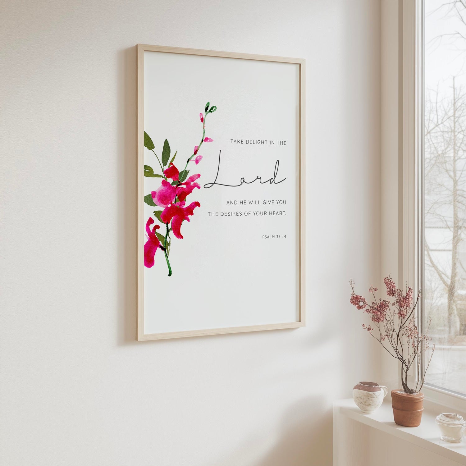 Take Delight In The Lord Bible verse print with pink orchid, Psalm 37 4 Christian wall art.