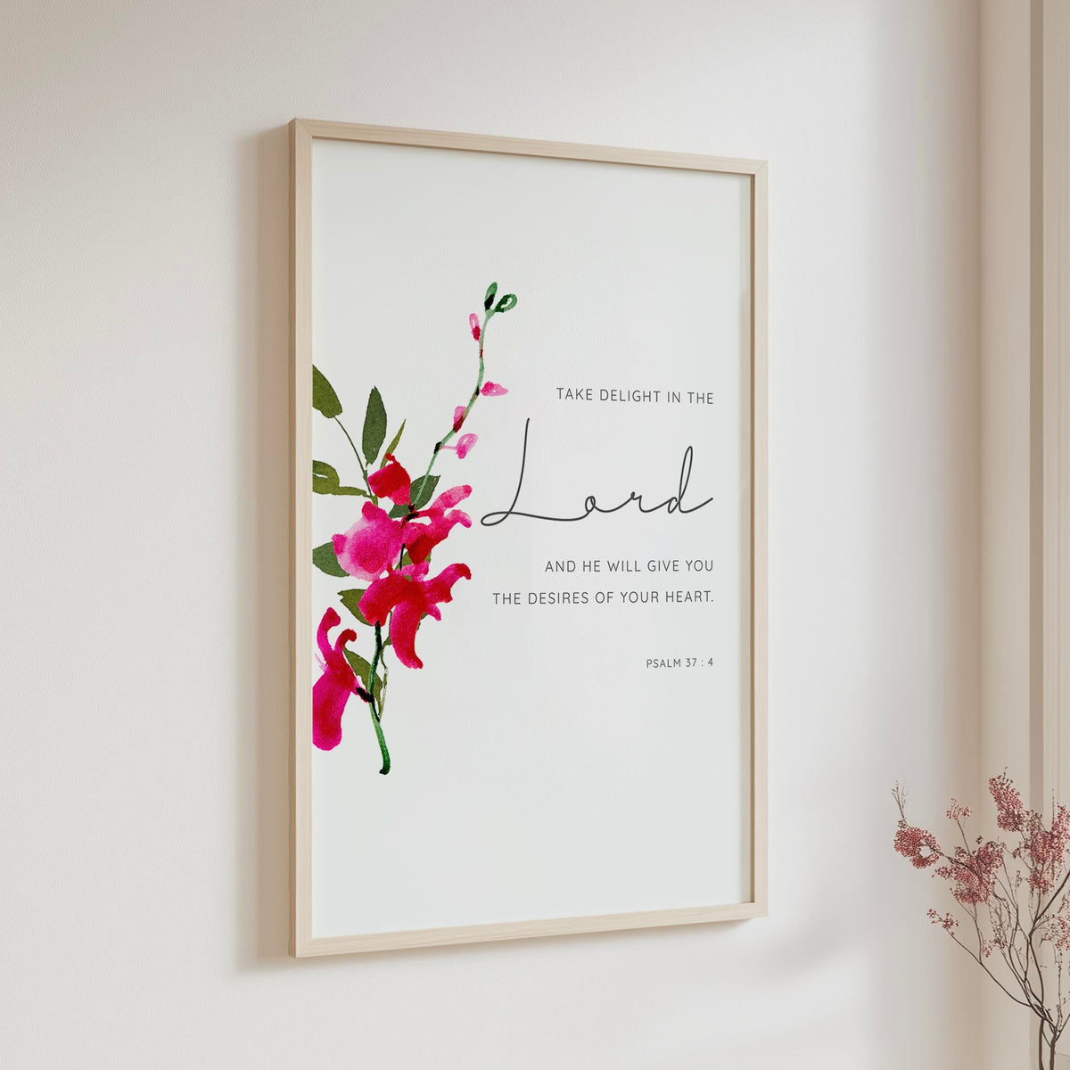 Take Delight In The Lord Bible verse print with pink orchid, Psalm 37 4 Christian wall art.
