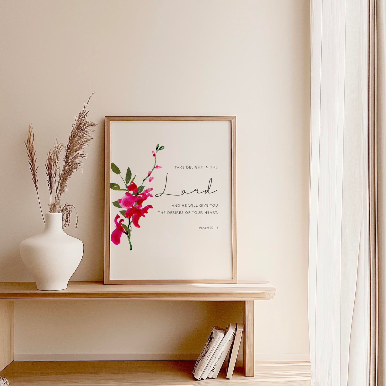 Pink orchid themed Christian print, Psalm 37 4 scripture, Take Delight In The Lord.