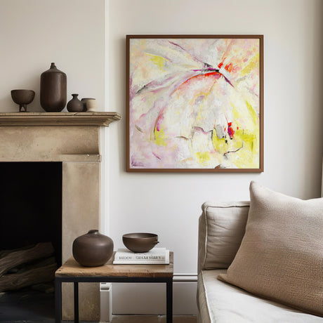 'Taking Flight' – Expressive abstract print with pinks and greens.