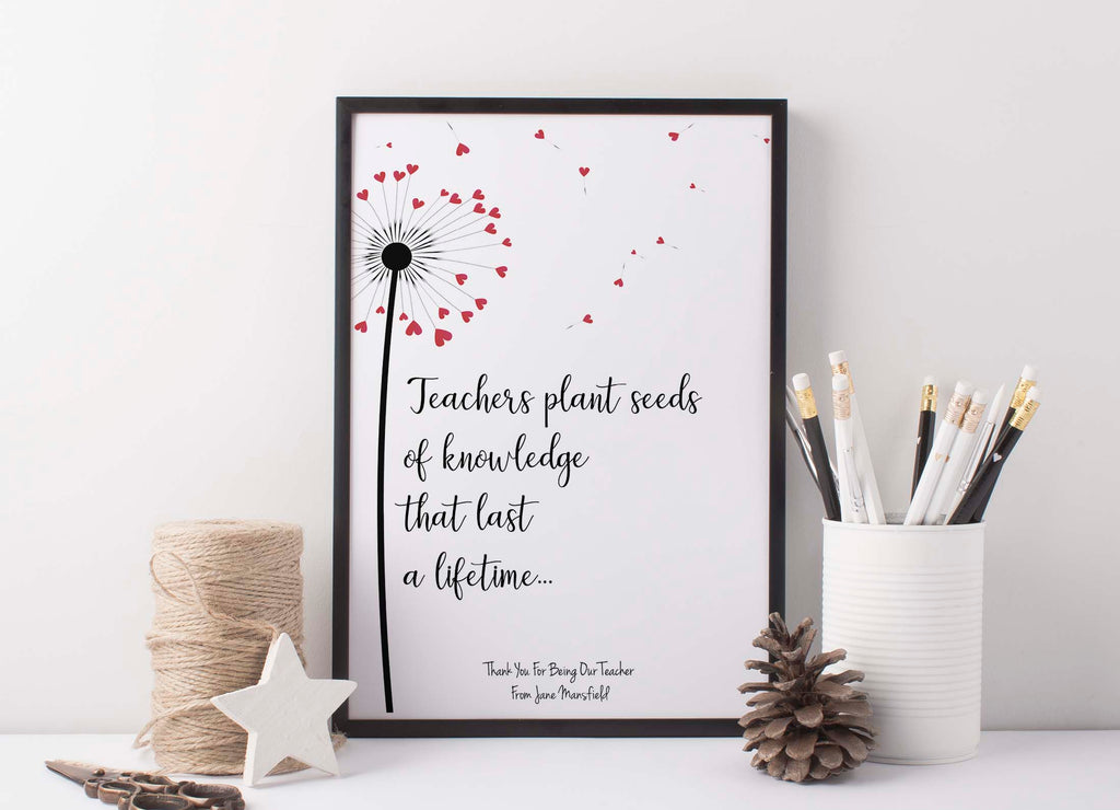 Customised teacher appreciation gift with dandelion design, Personalised print for teacher recognition with heart-shaped puffs