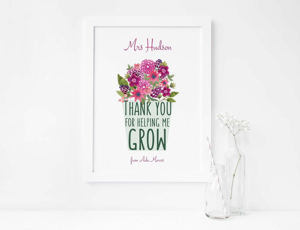 Personalised teacher quote print with flowerpot and watercolour flowers, Watercolour flowerpot print with customised teacher appreciation quote
